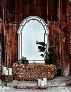 gray framed leaning mirror with hay and potted green leaf plant