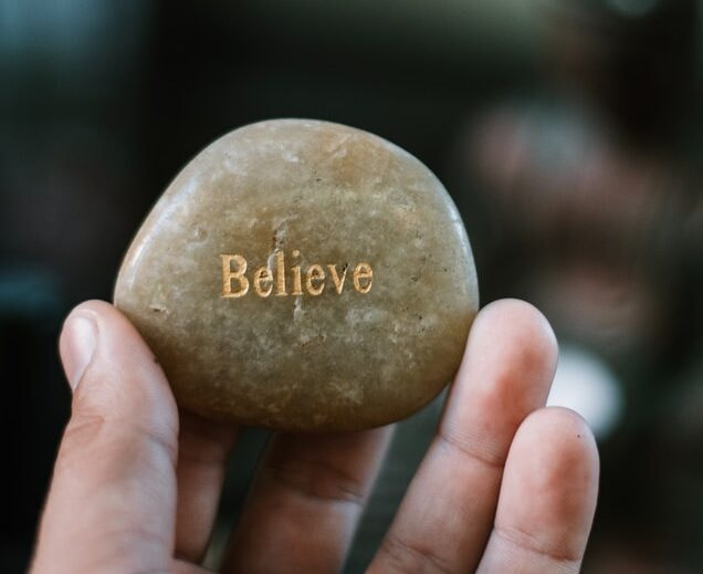 person holding brown stone with believe print